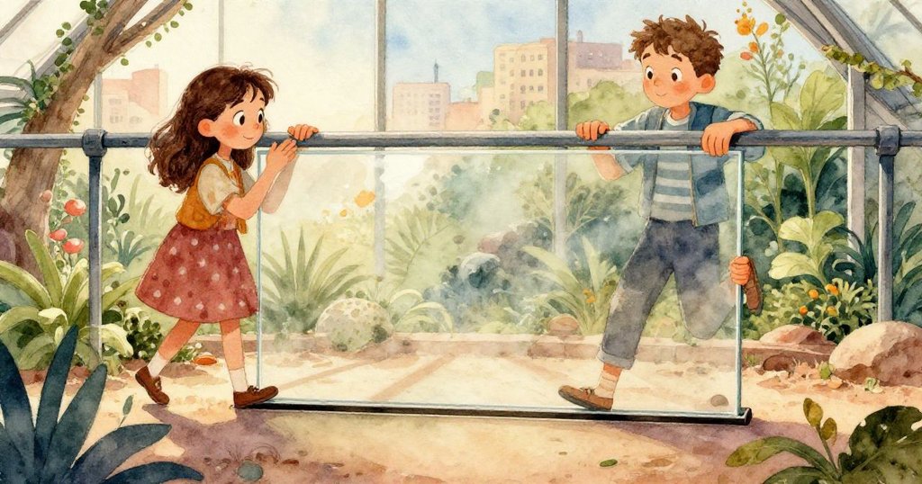 Jonah和Rina的手部特寫，Jonah小心握住玻璃面板，Rina穩定扶著鐵欄杆，精細動作彰顯專注與合作精神。