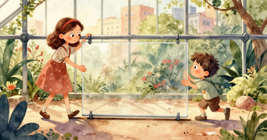 從沙漠生物視角觀察到玻璃碎片在沙地上閃爍，背景隱約出現Jonah與Rina忙碌身影，畫面充滿好奇與細膩光影。