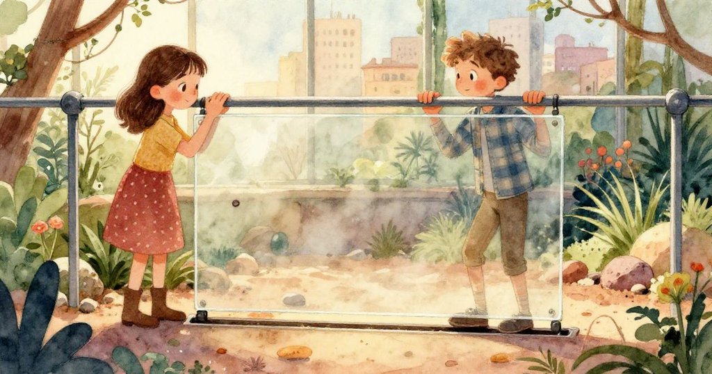 溫室沙漠花園中，仙人掌和盆栽在透過老窗玻璃的彩光下搖曳，沙石上流動光影展現出季節生命力。