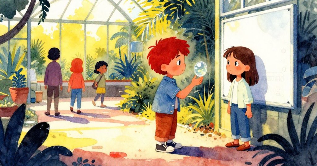 下午陽光下，Jonah蹲下檢視閃爍玻璃碎片，Rina注視穩固新面板，觀光客從容走過，場面充滿平和與堅韌情懷。