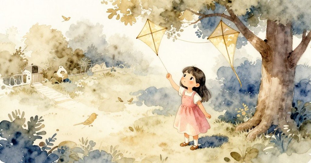 瑪雅在溫暖陽光下的庭院中站立,鳥瞰視角展現樹上懸掛的風箏與開闊空間,充滿期待的神情。