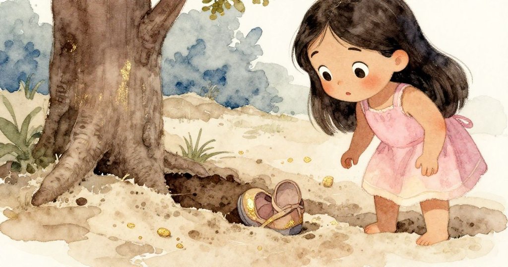 瑪雅伸手接觸樹旁的風箏,鏡頭聚焦於她用鞋輕撥鬆散的沙子,露出下面穩固深色土壤,流露出驚喜與好奇的表情。