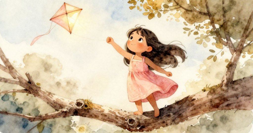 瑪雅正努力攀爬堅固的樹枝,低角度展現她堅定的神情與隨風飄舞輕觸髮梢的風箏,充滿冒險與希望。