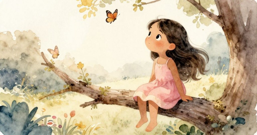 瑪雅坐在高高的樹枝上,俯瞰寧靜庭院,伴隨著輕舞的蝴蝶與柔和光線,臉上流露出平靜與滿足。