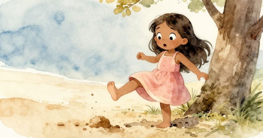 瑪雅在攀爬途中突然足部打滑,鏡頭聚焦她驚訝與堅毅的表情,鬆散沙子在樹幹下翻動,展現緊張而勇敢的瞬間。