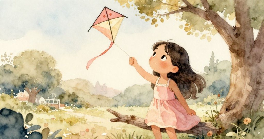 瑪雅最終坐回樹枝上,與風箏重聚,俯瞰寧靜庭院,臉上展現勝利與滿足,景深充滿柔和光線與自然美感。