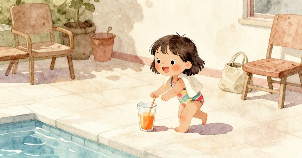 莉娜在暖光灑落的泳池甲板上輕步走向橙汁，神情溫柔，背景呈現瓷磚與舒適座椅，靜謐氛圍。