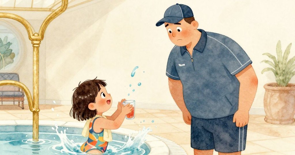 教練與莉娜在混亂中互動，教練露出驚訝關切表情，莉娜輕拍手掌，水花與橙汁飛濺中增添幽默情趣。