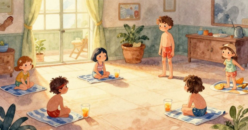 水面上漣漪環繞牆面，踢板緩緩飄移，莉娜背景中靜靜喝著橙汁，象徵混亂散去後的寧靜與和諧。