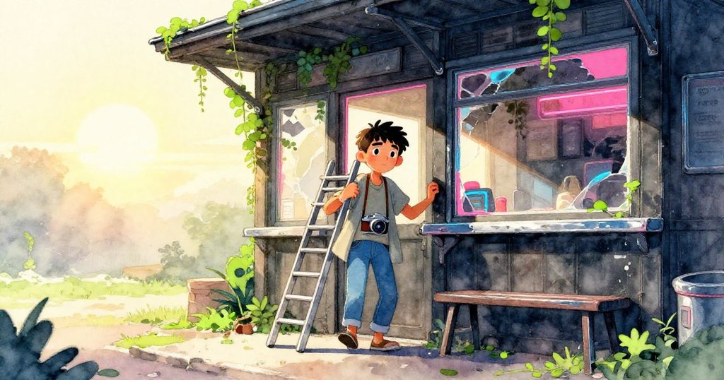 Marco帶著梯子和相機走進充滿薄塵的舊車站食堂，窗外藤蔓纏繞，晨光中流露堅定和期待情緒。