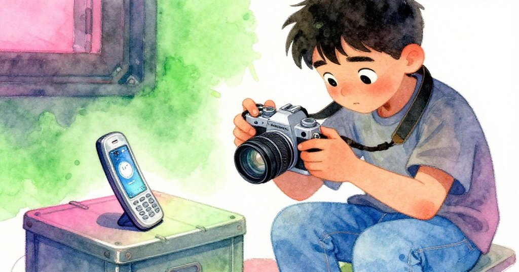 Marco聚精會神地檢查備用相機，他的手輕觸故障手機，室內背景中展現問題與希望交織的情感。