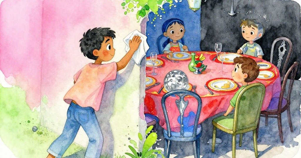 Marco用布擦拭牆面，顯露出融合紅金的晚餐隱藏畫面，他的表情充滿驚喜與好奇，牆面質感分明。