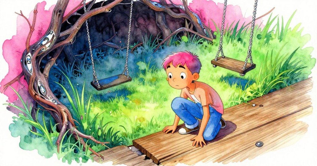 Marco蹲下查看鬆動木板後隱藏的秘密內院，內涵野草、盤根錯節的枝條與破損鞦韆，展現歷史與自然的交融。