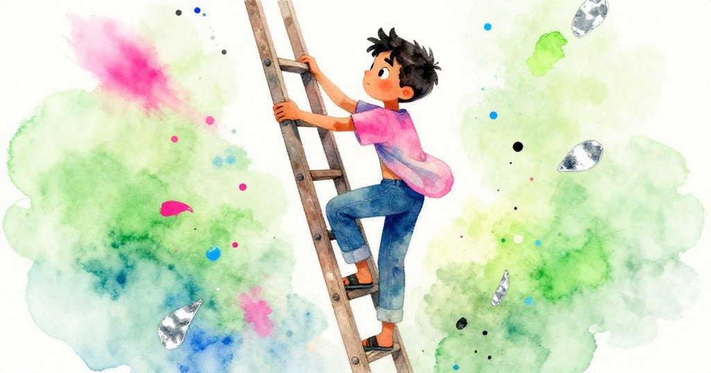 Marco穩步攀爬老梯子，周圍油漆碎片隨風飄舞，他面露堅毅，展現追尋遺留藝術痕跡的動感場景。