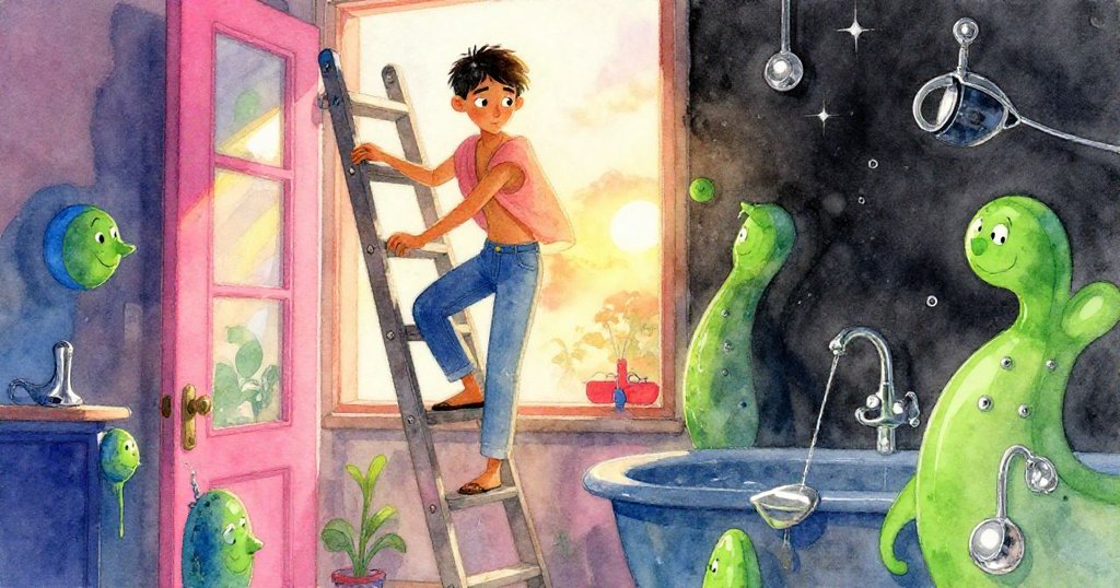 夕陽低垂，Marco緩步走下梯子，新舊色彩與塵埃交錯，透露出沉思與未完故事的溫暖情感。