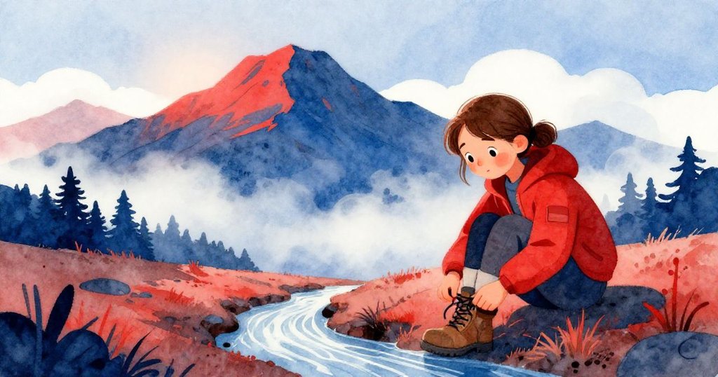 米拉於晨霧中於山腳乾涸溪邊綁鞋帶，天邊初曦微露，神情期待且沉靜，展現旅程開端。