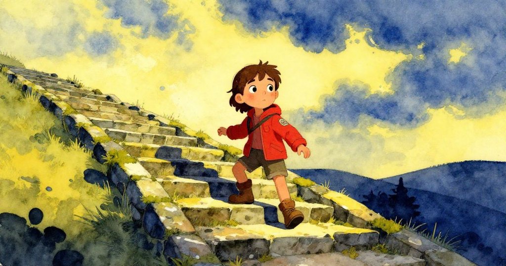 米拉踏上斑駁石階，身旁留白敞闊，輕觸古石細紋，神情專注並流露歷史之謎，展開探險。