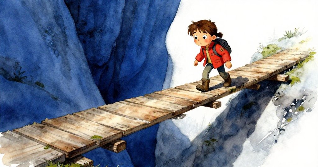 米拉在斜拍視角中試探搖晃木板橋，橋下苔蘚覆蓋山谷，臉上流露出驚疑與堅定並存的神情。