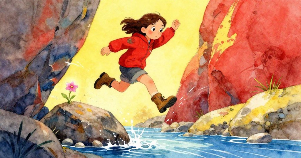 米拉從傾斜巨石上躍起，濺起卵石與水花，遠處獨生粉花於岩石中綻放，氣氛充滿生機與冒險。