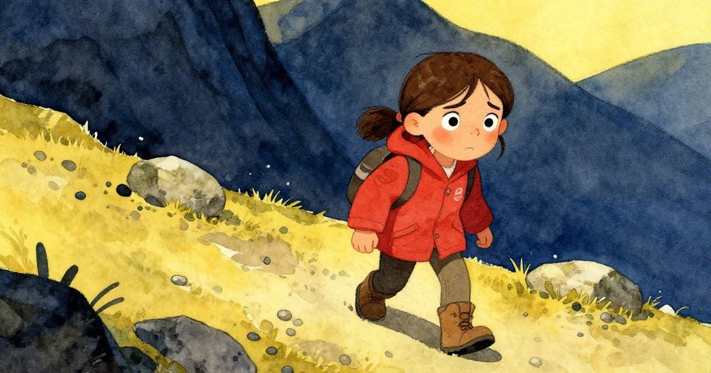 米拉於崎嶇山徑上因砂礫與石塊短暫停步，低頭凝視受阻處，神情堅毅中略帶疲憊，展現挑戰與努力。