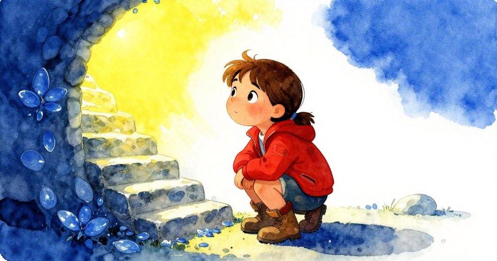 米拉在日光灑落下於隱藏石階旁發現藍色花瓣，蹲拍花朵，臉上寫滿驚奇與滿足，象徵探險終章。