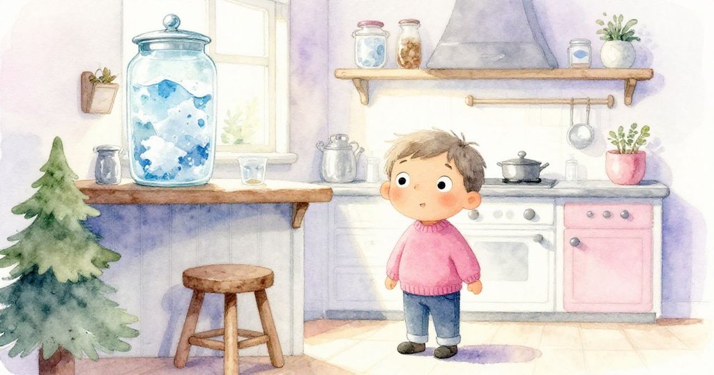 柔和晨光灑落在小廚房中，米洛站在廚房前充滿好奇與期待，環境溫馨，架上放著高高的玻璃容器。