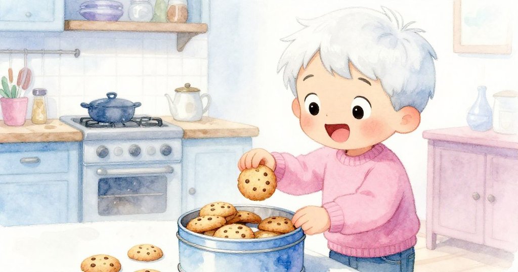 米洛打開圓形鐵盒聞鮮甜餅乾香氣，臉上流露出驚喜與期待，背景為溫馨廚房細節。