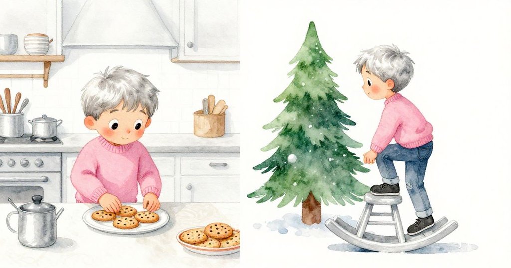 米洛一邊小心排列餅乾放盤，一邊攀上不穩小凳，分面展現計劃與意外動作，神情專注又略帶驚訝。