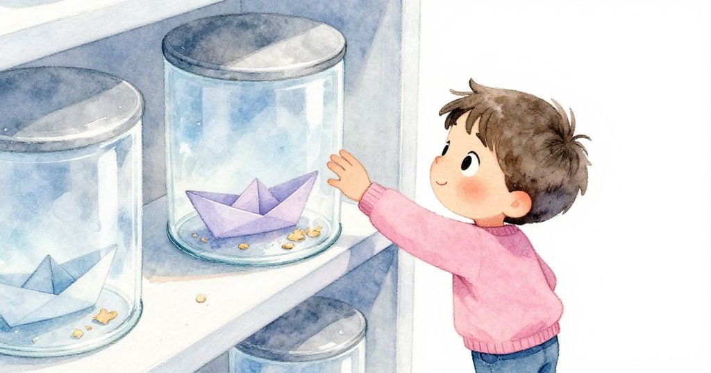 從上方俯視，米洛伸手取高架上玻璃容器，容器內紙船與碎屑隱約可見，他神情緊張而又充滿好奇。