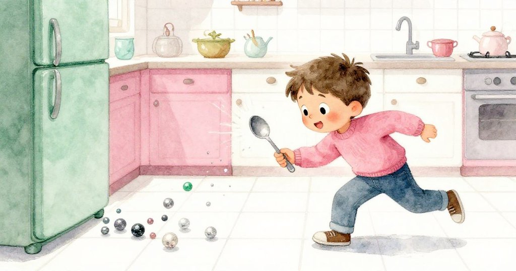 米洛急忙俯身追逐滾動彈珠，彈珠在瓷磚上閃爍，廚房內瓷磚和冰箱伴隨連鎖反應，他神情既緊張又充滿動感。