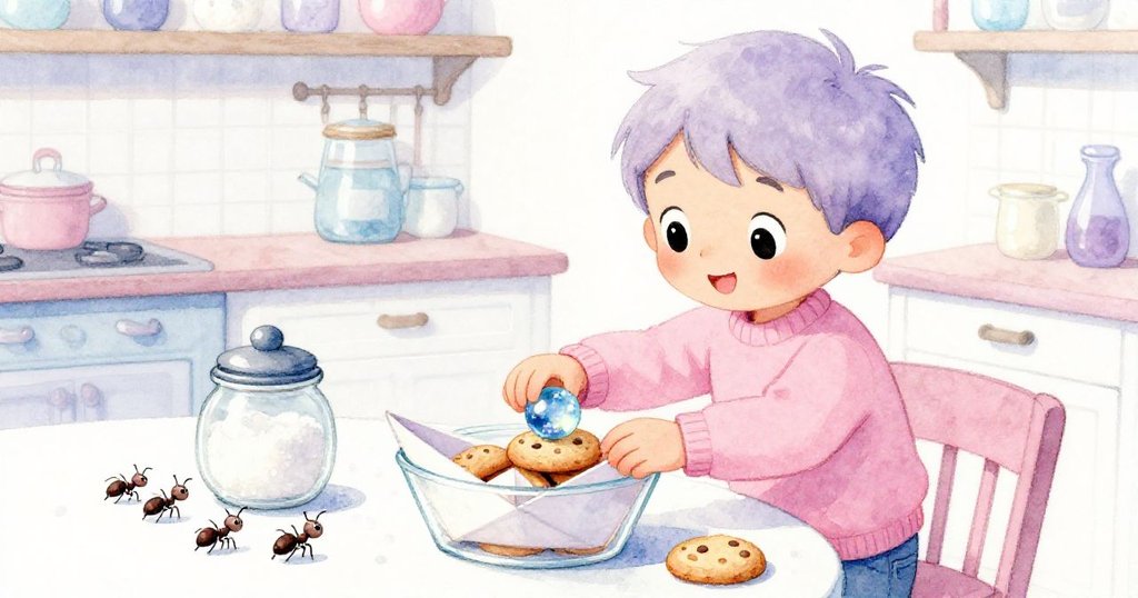 米洛溫柔排列餅乾環繞紙船，細心合上蓋子，再將閃亮彈珠放至糖罐旁，旁邊螞蟻悄然現身，氛圍平靜而滿足。