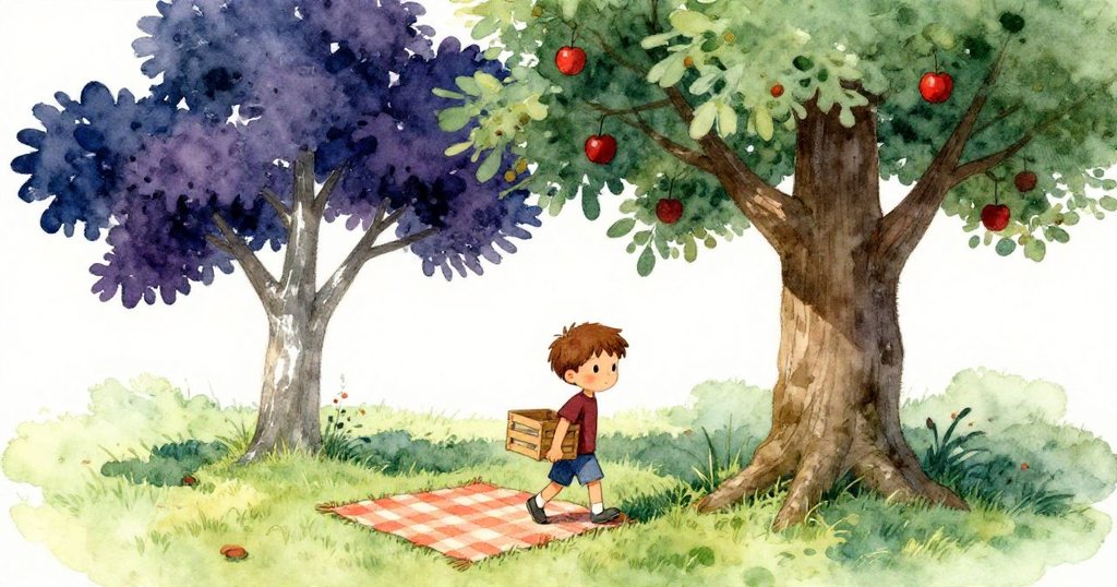 利亞姆在溫暖晨光中提著木箱走向古老蘋果樹，草地上野餐墊鋪展，神情期待充滿冒險與希望。