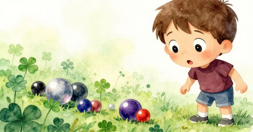 利亞姆眯著眼睛注視著散落在苜蓿上的彈珠，神情驚奇專注，細膩捕捉冒險中意外驚喜瞬間。