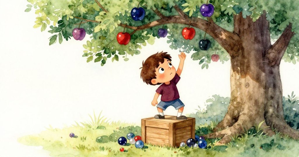 從低角度可見利亞姆正小心攀爬木箱，仰望高枝，臉上流露堅定神情，展現冒險勇氣。