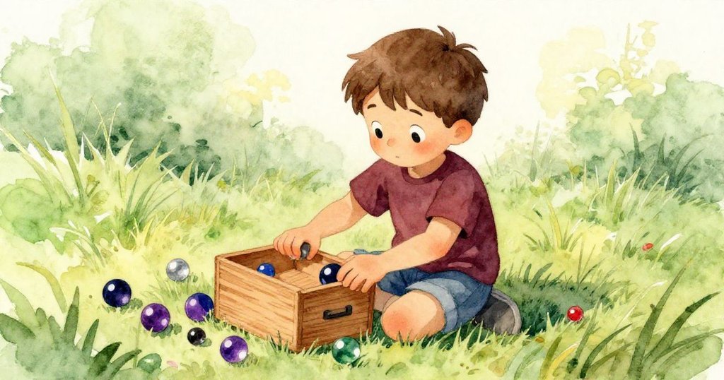 利亞姆坐在草地上調整倒置木箱，身旁彈珠在地面散落，他專注神情中透露出重拾信心的堅毅。