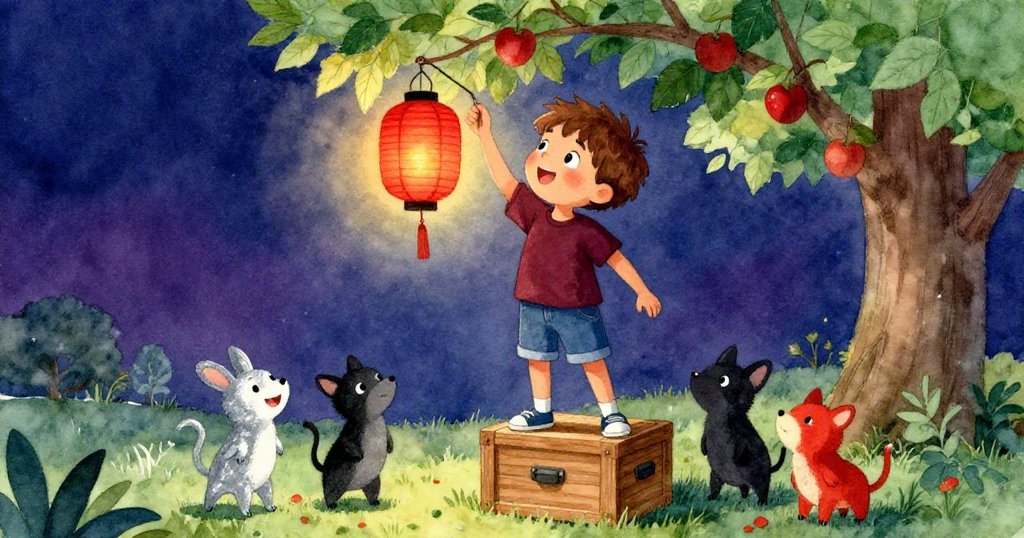 利亞姆滿臉喜悅自信地站上木箱掛起紅燈籠，小鳥圍繞枝頭歡樂共慶成功，溫暖光影映照。