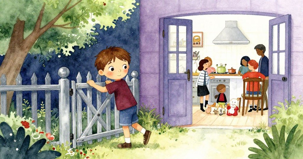 利亞姆快步關上院門，笑容滿面走向溫馨廚房，庭院與家人等待的身影交織出滿足重聚的幸福時刻。