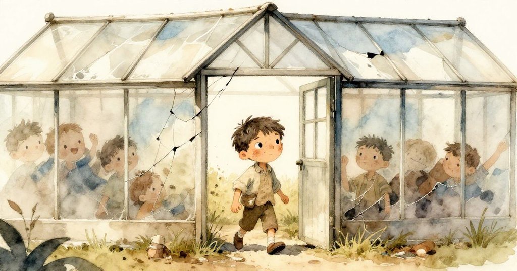 Marco推門進入破舊溫室，周圍斑駁牆面和破損屋頂映襯著溫暖光線，他滿懷好奇步入未知世界。