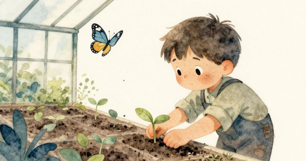 小蝴蝶視角看見Marco細心照料幼苗，溫室內柔和光線與生機勃勃的綠色交織，洋溢著希望與溫暖。