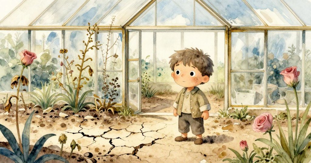 Marco站在乾旱花園邊緣，凝視著破裂土地與枯黃植被，夕陽映襯下透露堅毅與深思的情感。