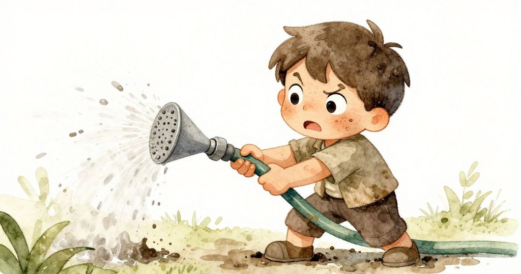 Marco在溫室中努力調整堵塞的水管，泥濘四濺映出堅毅表情，他全神貫注迎接挑戰。