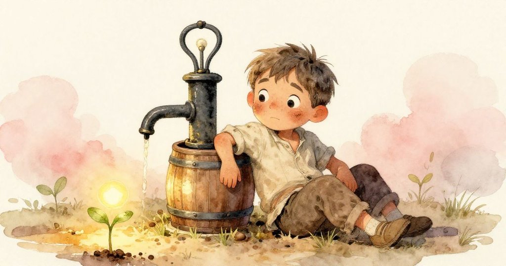 Marco於溫室中靜坐休憩，桶旁幼苗在夕陽映照下顯得生機勃勃，露出滿足微笑迎向平和結局。