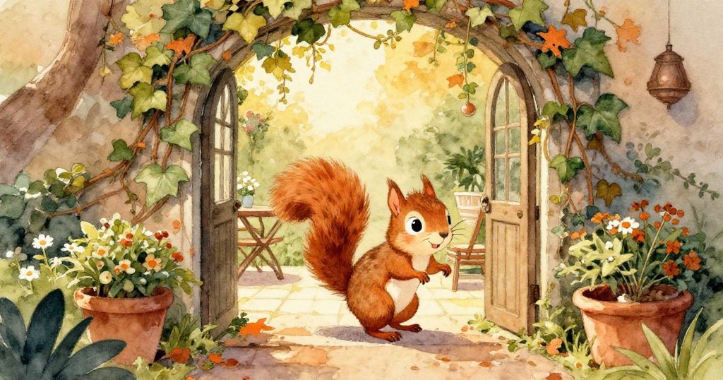 小松鼠Nutty穿過被晨光溫暖照耀的花園拱門，躍入充滿生機的小庭院，展現期待與好奇，開啟全新冒險。