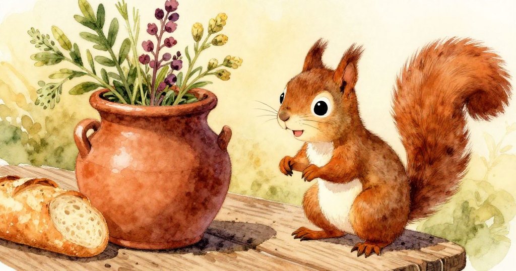 小松鼠Nutty好奇盯著陳放香草的陶罐與濃郁番茄醬麵包，近景呈現木桌質感細節，展現初期冒險中的細膩探索。