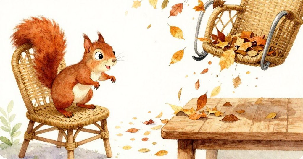小松鼠Nutty在搖動的藤椅上勇敢一躍，旁邊木桌上乾葉隨椅子飄舞，畫面分割呈現探索與突然變動的瞬間。