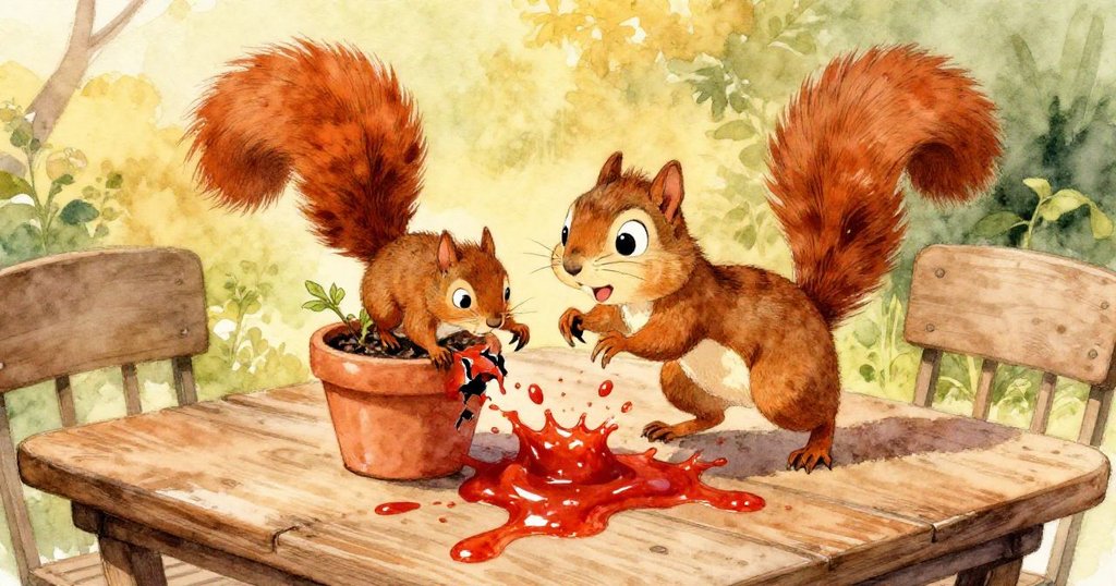 小松鼠Nutty跳上陶罐邊緣，陶罐瞬間破裂滴落濃紅番茄醬，戶外庭院中晨光映照，充滿驚奇與活力。