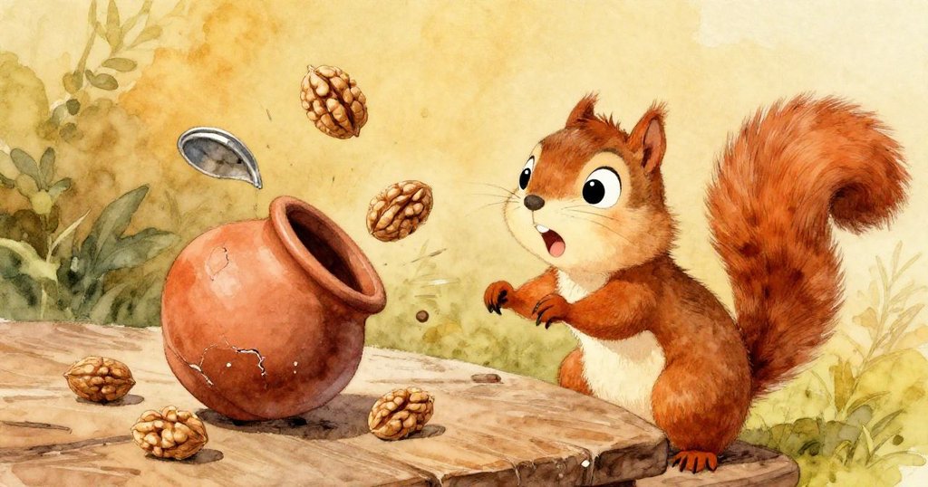 小松鼠Nutty驚訝凝視晶裂陶罐撞擊鐵盒，飛濺出三顆核桃在桌上彈跳，氣氛緊張充滿期待。