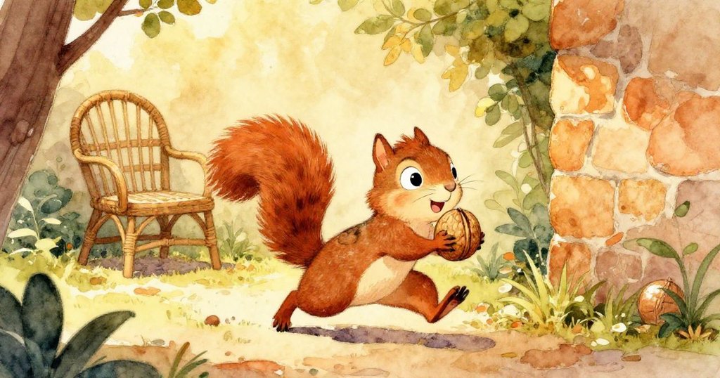 小松鼠Nutty捧著核桃急奔向花園牆，背景中藤椅安靜落定，展現勝利喜悅，冒險最終圓滿落幕。