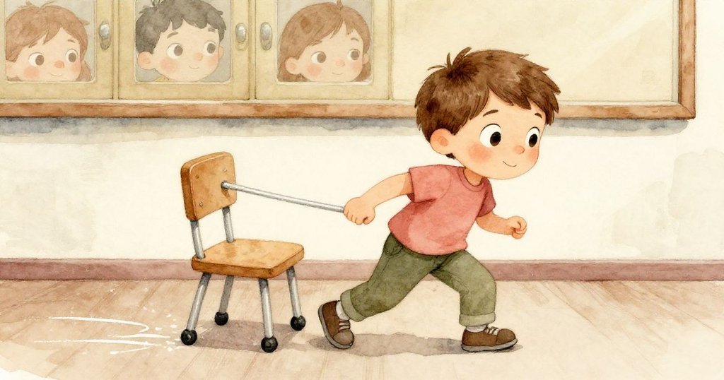 팀이 분필 가루 묻은 바닥에서 의자를 당기며 높은 찬장을 바라보며 조심스럽게 움직이는 모습.