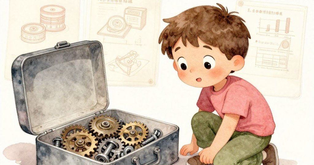 팀이 바닥에 앉아 열린 금속 상자 속 반짝이는 기어와 볼트를 신기하게 바라보며 교실 벽의 다이어그램과 함께 호기심을 표현하는 장면.
